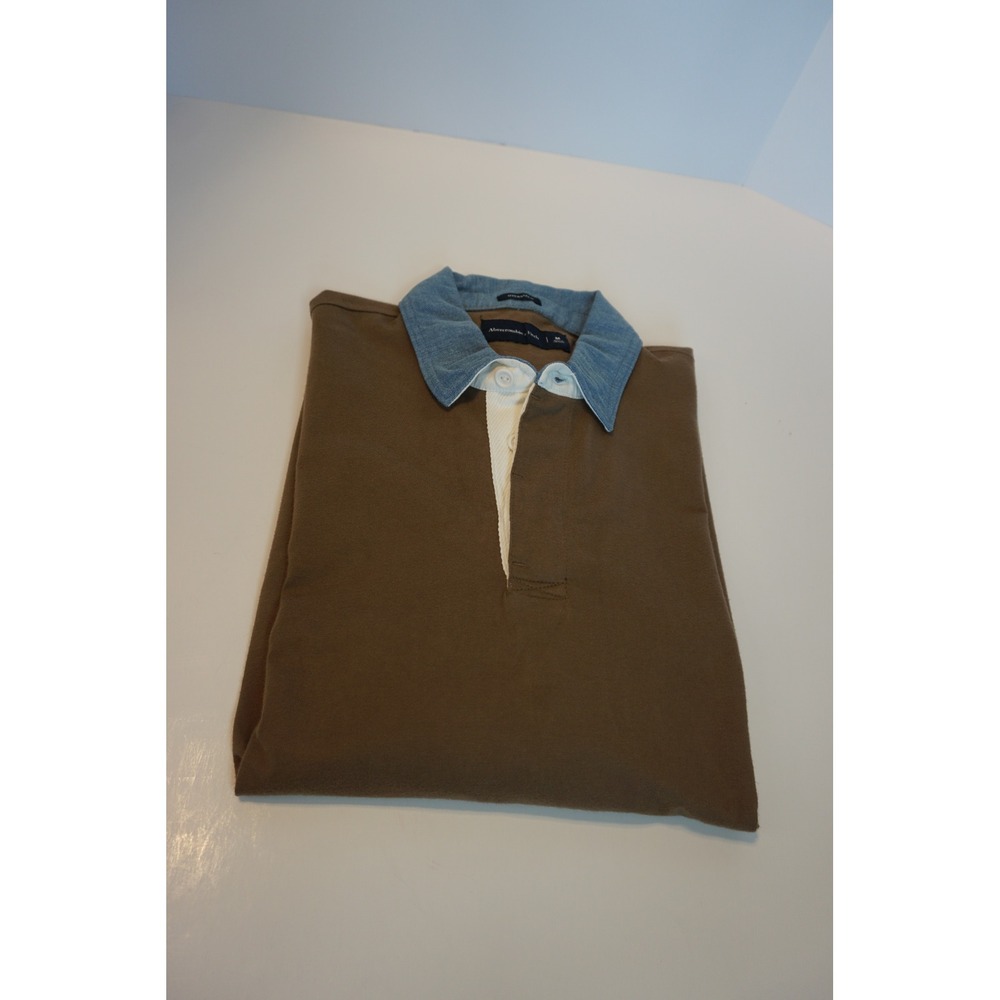 Abercrombie & Fitch Mens Oversized Rugby Shirt Brown Denim Collar Long Sleeve M - Picture 9 of 9